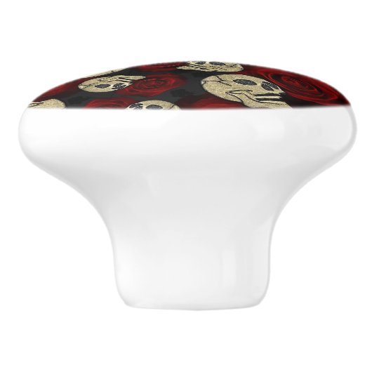 Red Roses & Skulls Grey Black Floral Gothic Keramikknauf (Seitenansicht)