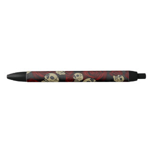 Red Roses & Skulls Grey Black Floral Gothic Kugelschreiber