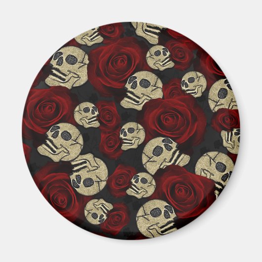 Red Roses & Skulls Grey Black Floral Gothic Magnet (Vorne)