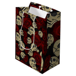 Red Roses & Skulls Grey Black Floral Gothic Mittlere Geschenktüte