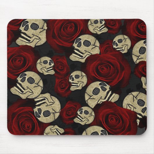 Red Roses & Skulls Grey Black Floral Gothic Mousepad (Vorne)