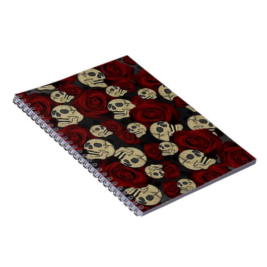 Red Roses & Skulls Grey Black Floral Gothic Notizblock (Rechte Seite)