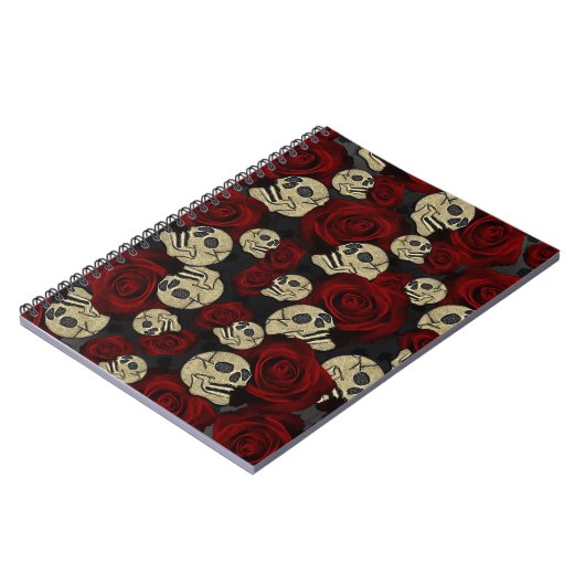 Red Roses & Skulls Grey Black Floral Gothic Notizblock (Linke Seite)