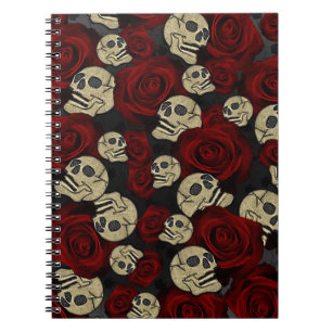 Red Roses & Skulls Grey Black Floral Gothic Notizblock