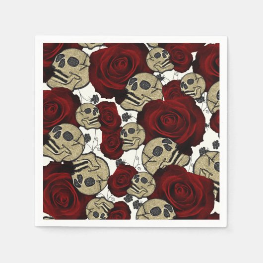 Red Roses & Skulls Grey Black Floral Gothic Serviette (Vorderseite)