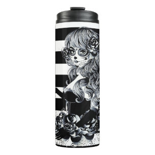 Red Roses & Skulls Grey Black Floral Gothic Thermosbecher