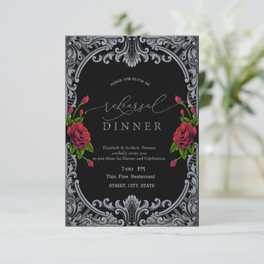 Red Roses,Stripes Gothic Rehearsal Dinner   Einladung (Stehend Vorderseite)