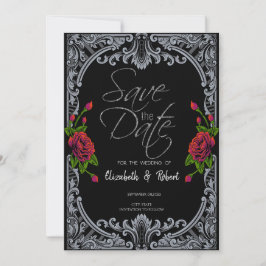 Red Roses,Stripes Gothic Save The Date Card