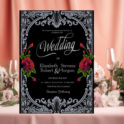  Red Roses,Stripes Gothic Wedding Einladung