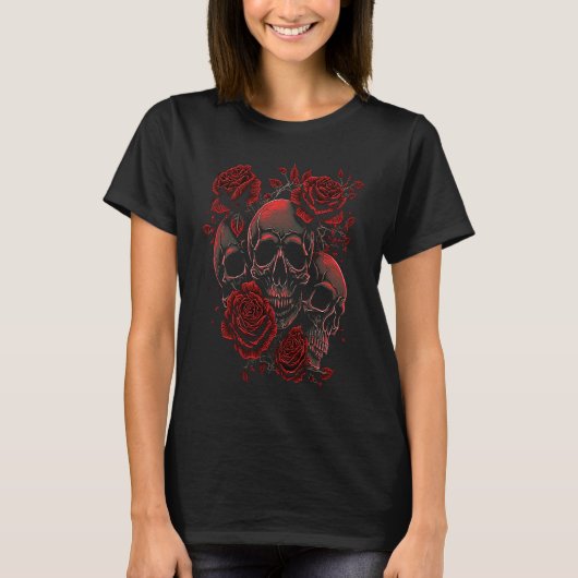 Red Roses With A Skull Floral Flower T-Shirt (Vorderseite)