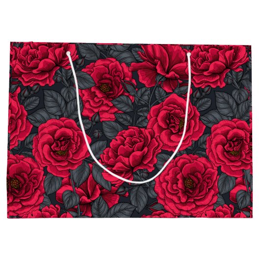 Red Roses with gray leaves Große Geschenktüte (Rückseite)