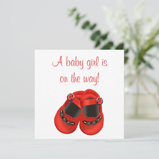 Red Rosettes Baby Shoes Red Baby Girl Dusche Einladung (Stehend Vorderseite)