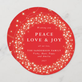 Red Round Sparkling Lights Peace Liebe + Joy Feiertagskarte