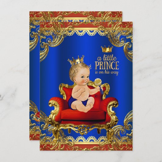 Red Royal Blue Gold Stuhl Prince Baby Dusche Einladung (Vorne/Hinten)