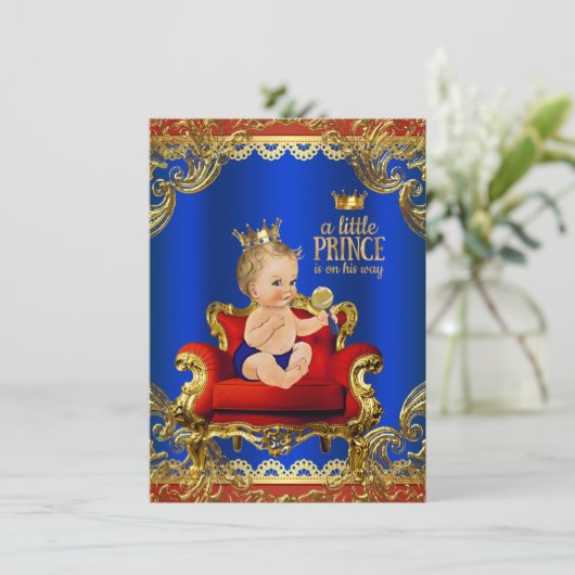 Red Royal Blue Gold Stuhl Prince Baby Dusche Einladung (Stehend Vorderseite)