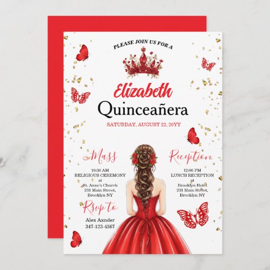 Red Royal Butterfly Quinceañera Invitation Einladung (Vorne/Hinten)