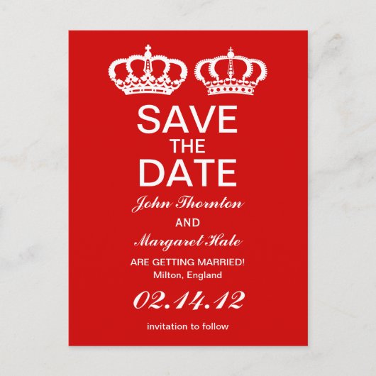Red Royal Couple Save the Date Ankündigungspostkarte (Vorderseite)