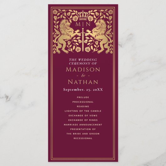 Red Royal Lion Mittelalterliches Hochzeitsprogramm Programm (Vorderseite)