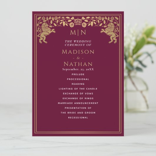 Red Royal Lion Mittelalterliches Hochzeitsprogramm Programm (Stehend Vorderseite)