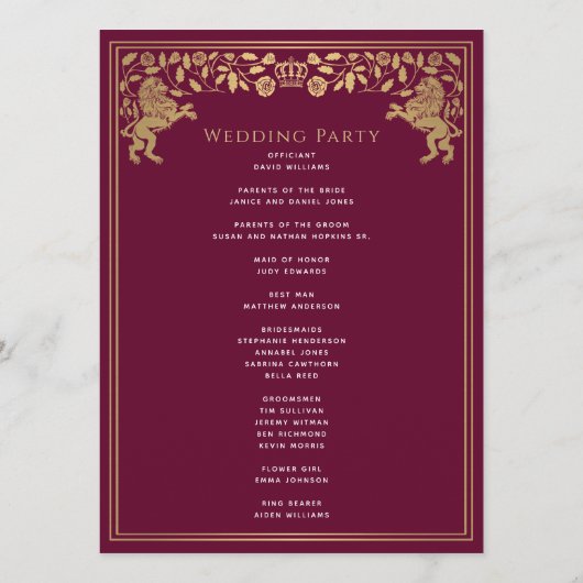 Red Royal Lion Mittelalterliches Hochzeitsprogramm Programm (Rückseite)