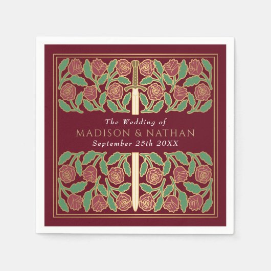 Red Royal Medieval Gold Floral Sword Wedding Serviette (Vorderseite)