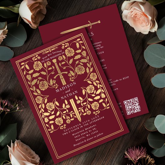 Red Royal Medieval Gold Sword Wedding QR Code Einladung