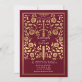 Red Royal Medieval Gold Sword Wedding QR Code Einladung (Vorderseite)