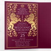 Red Royal Medieval Lion Wedding Tri-Fold Dreifach Gefaltete Einladung (Innen Erste Seite)