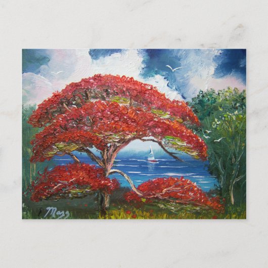 Red Royal Poinciana Tree and Sailboat Postkarte (Vorderseite)