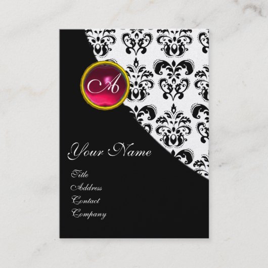 RED RUBY DAMASK MONOGRAM fuchsia Perlpapier Visitenkarte (Vorderseite)