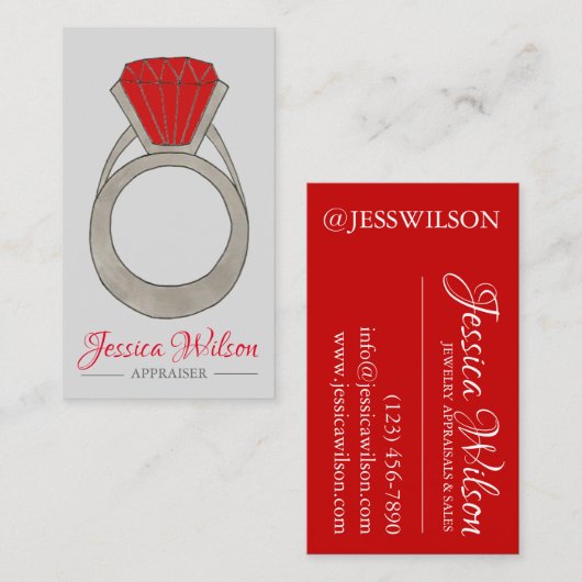 Red Ruby Ring Gemstone Juwelen Juwelier Appraisal Visitenkarte (Vorne/Hinten)