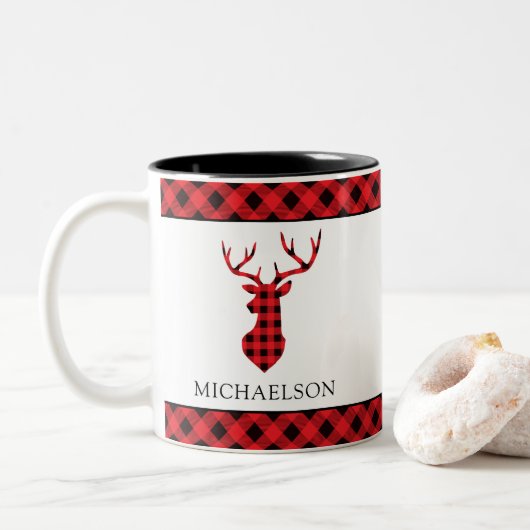 Red Rustic Buffalo Kariert Weihnachten Hirsche Sil Zweifarbige Tasse (Mit Donut)