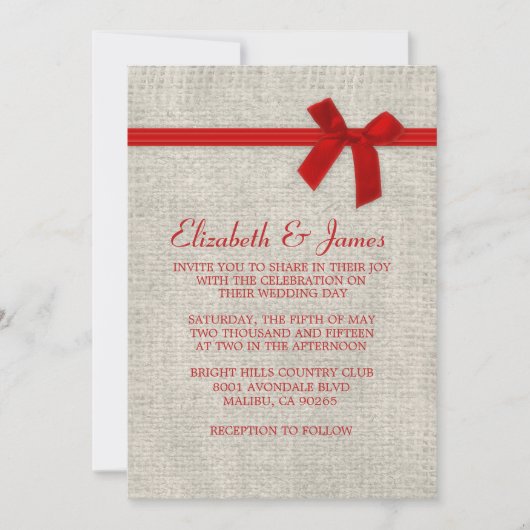 Red Rustic Burlap Wedding Invitations Einladung (Vorderseite)