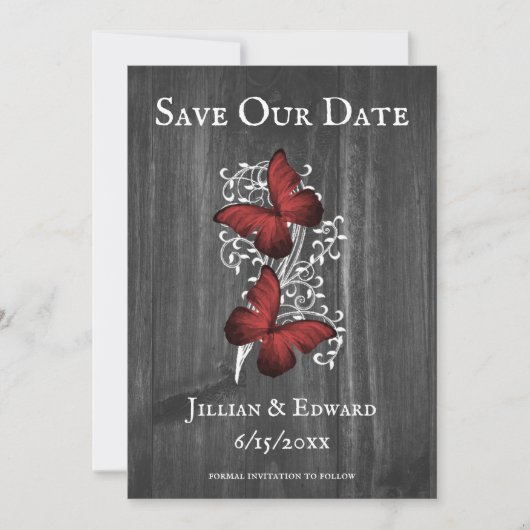 Red Rustic Butterfly Ankündigung Datum freihalten (Vorderseite)