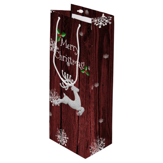 Red Rustic Christmas Rentier Wine Gift Bag Geschenktüte Für Weinflaschen (Vorderseite Schrägansicht)