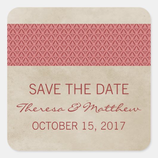 Red Rustic Damask Save the Date Stickers (Vorderseite)