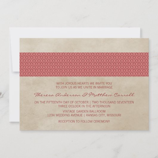 Red Rustic Damask Wedite Einladung (Vorderseite)
