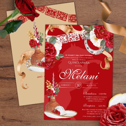 Red Rustic Floral Charro Quinceanera Geburtstag Einladung