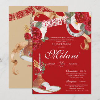 Red Rustic Floral Charro Quinceanera Geburtstag Einladung