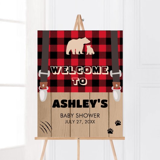 Red Rustic Kariert Lumberjack Baby Dusche Willkomm Poster