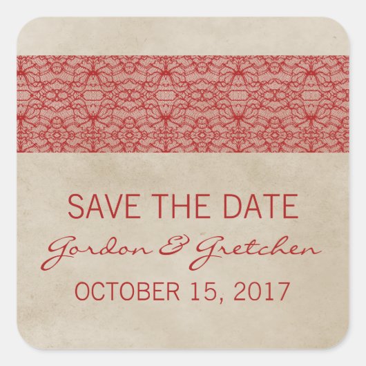 Red Rustic Lace Save the Date Stickers (Vorderseite)