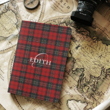 Red Rustic Plaid Chic Cute Typography Monogrammed