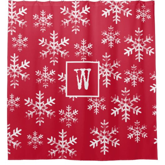 Red Rustic Snowflake Monogram Weihnachten Duschvorhang (Vorderseite)