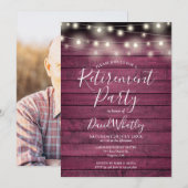 Red Rustic String Lights Foto Retirement Party Einladung (Vorne/Hinten)
