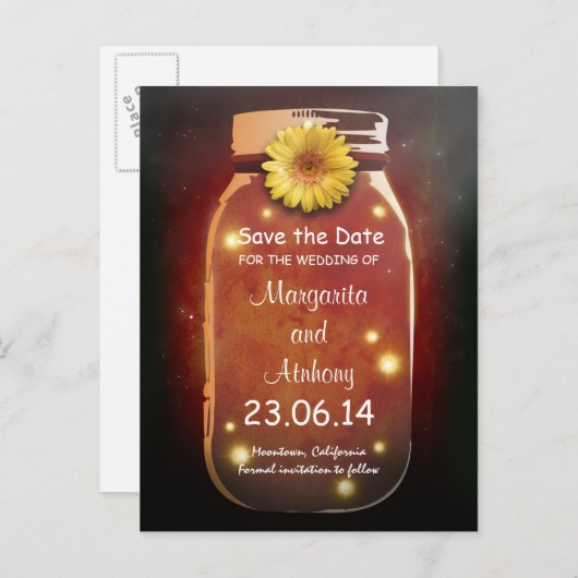 Red Rustic Whimsical Mason Jar Save the Date Ankündigungspostkarte (Vorne/Hinten)