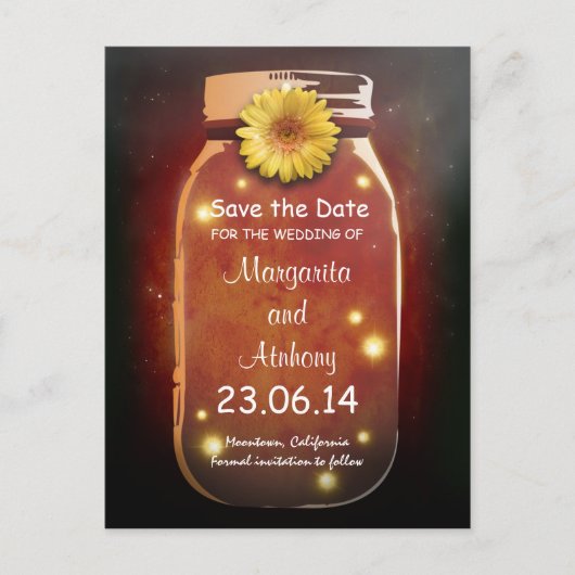 Red Rustic Whimsical Mason Jar Save the Date Ankündigungspostkarte (Vorderseite)