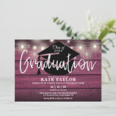 Red Rustic Wood String Lights Graduation Party Einladung (Stehend Vorderseite)
