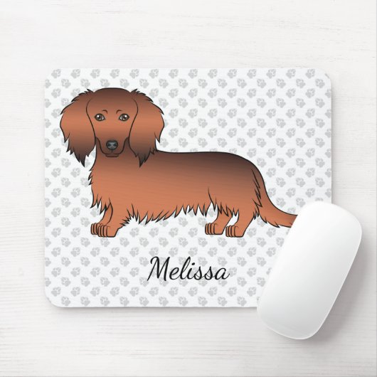 Red Sable Long Hair Dackel Cartoon Dog & Name Mousepad (Mit Mouse)