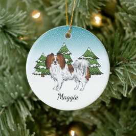 Red Sable Phalène Dog Blue Green Winter Forest Keramik Ornament