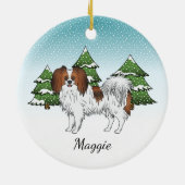 Red Sable Phalène Dog Blue Green Winter Forest Keramik Ornament (Hinten)